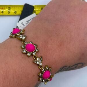 NWT J Crew Pink Flower Rhinestone Gold Statement 8 inch Bracelet